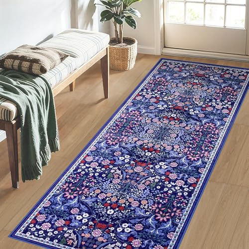 Runner Rug for Entryway: 2x6 Kitchen Rugs Non Slip Washable Ultra-Thin Soft Floral Carpet Indoor Floor Stain Resistant Carpets for Hallway Bedroom Kitchen Laundry Bathroom Dorm Blue