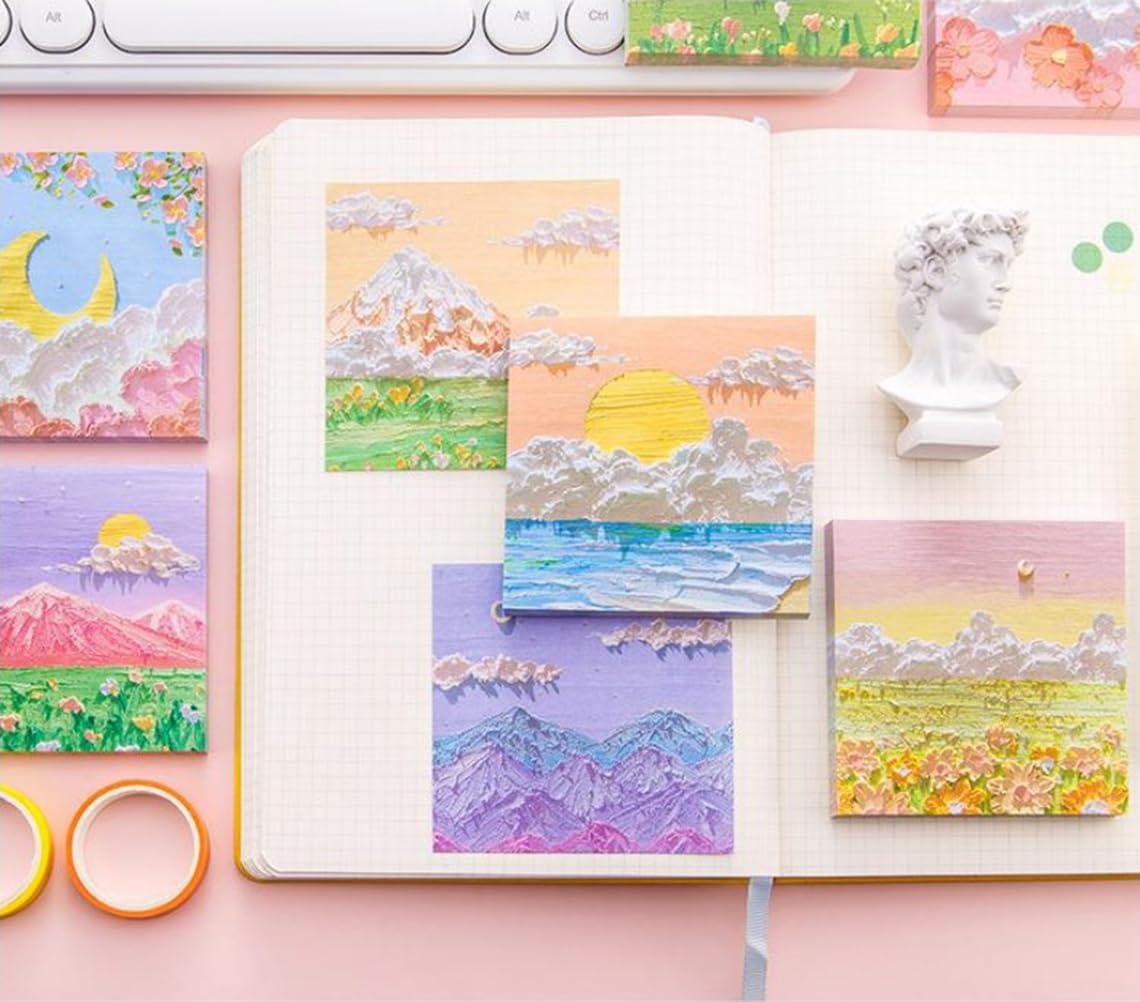 640pcs Sticky Notes, BetterJonny 3.15x3.15 Inches Oil Painting Landscape Self-Stick Notes 8 Themes Aesthetic Sticky Note Pads for Study and Decoration image 2
