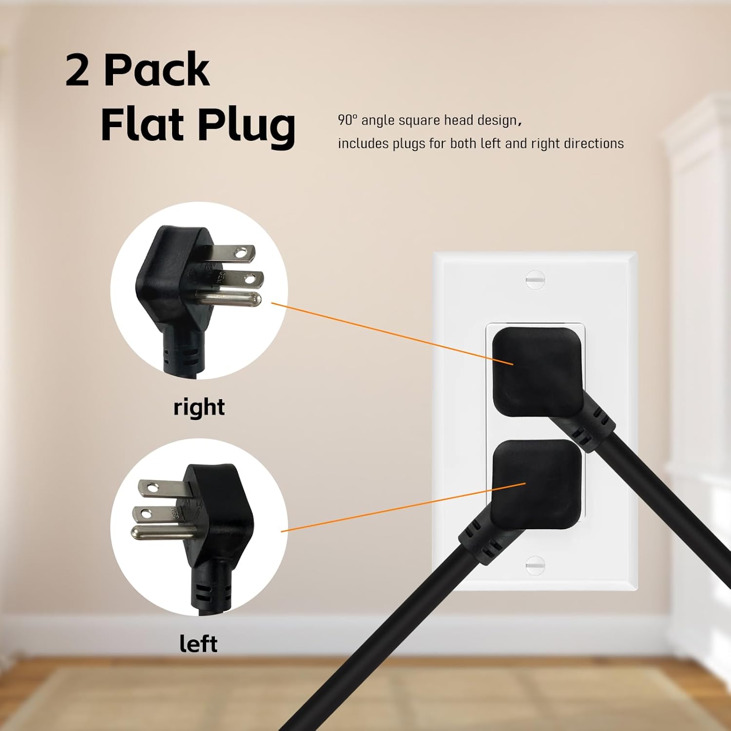 EP 1Ft Flat Plug Short Extension Cord, Angled 90°Plug Low Profile Appliance Extension Cord Outlet Saver 16AWG 13A SJTW 3-Prong Grounded Power Strip for Indoor Office, ETL Listed Black