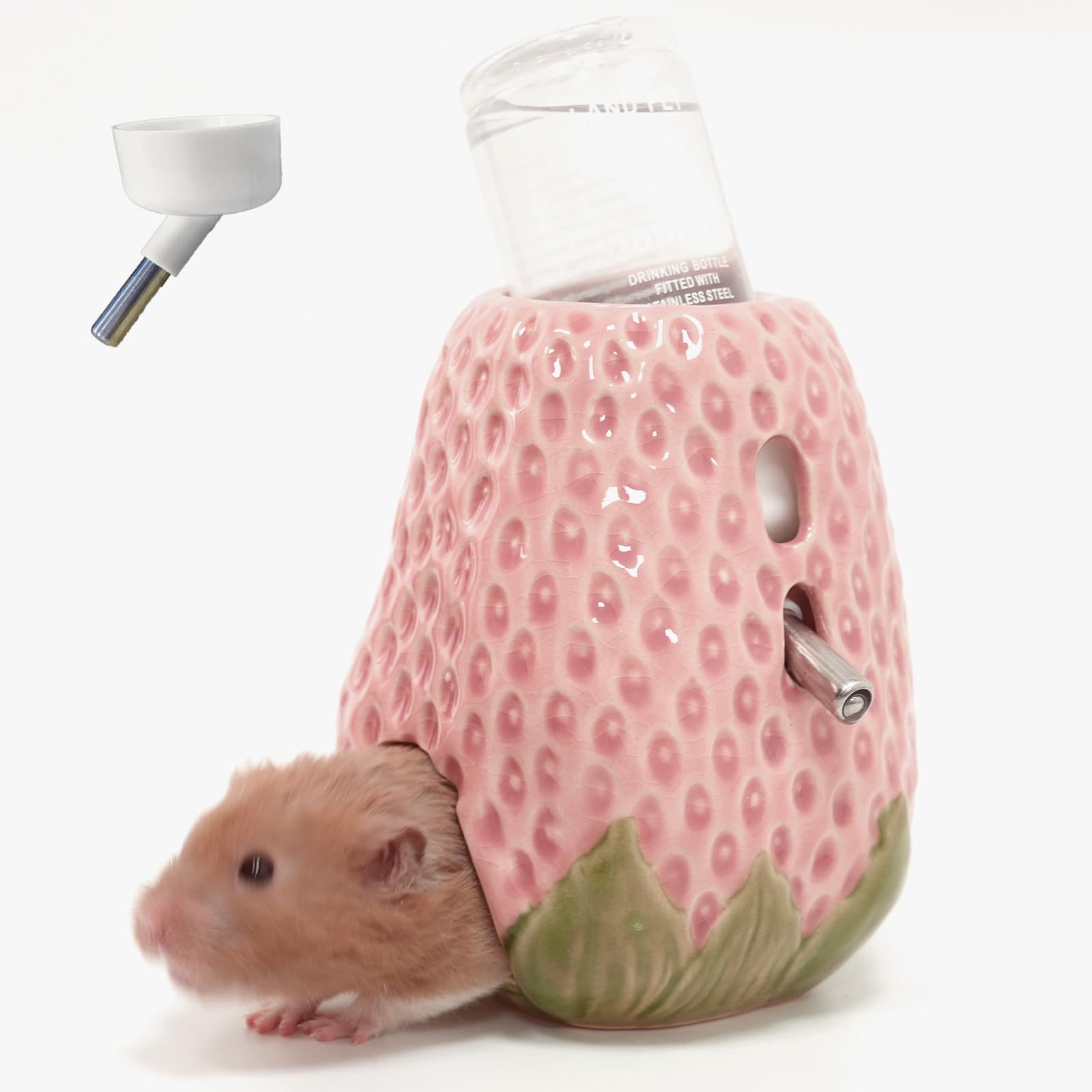 Hamster Water Bottle, Strawberry Ceramic Hamster Gerbil Water Bottle for Glass Tank, Dispenser, 80ML Bottle for Water Holder Stand with 2 No Drip Caps for Syrian Mice, Gerbil?Pink