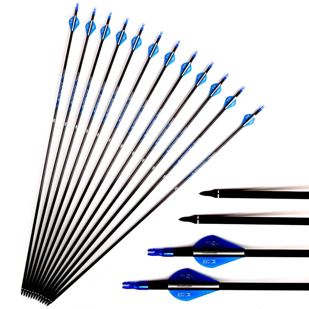 ACCMOS 27-33 Zoll Bogenschießen Carbonpfeil Spine 250 300 340 400 500 600 700 800 ID 6,2 mm Blauer Explosionsgeschützter Ring, für Erwachsene Jugend Recurve Compoundbogen Jagd Schießen 12 St