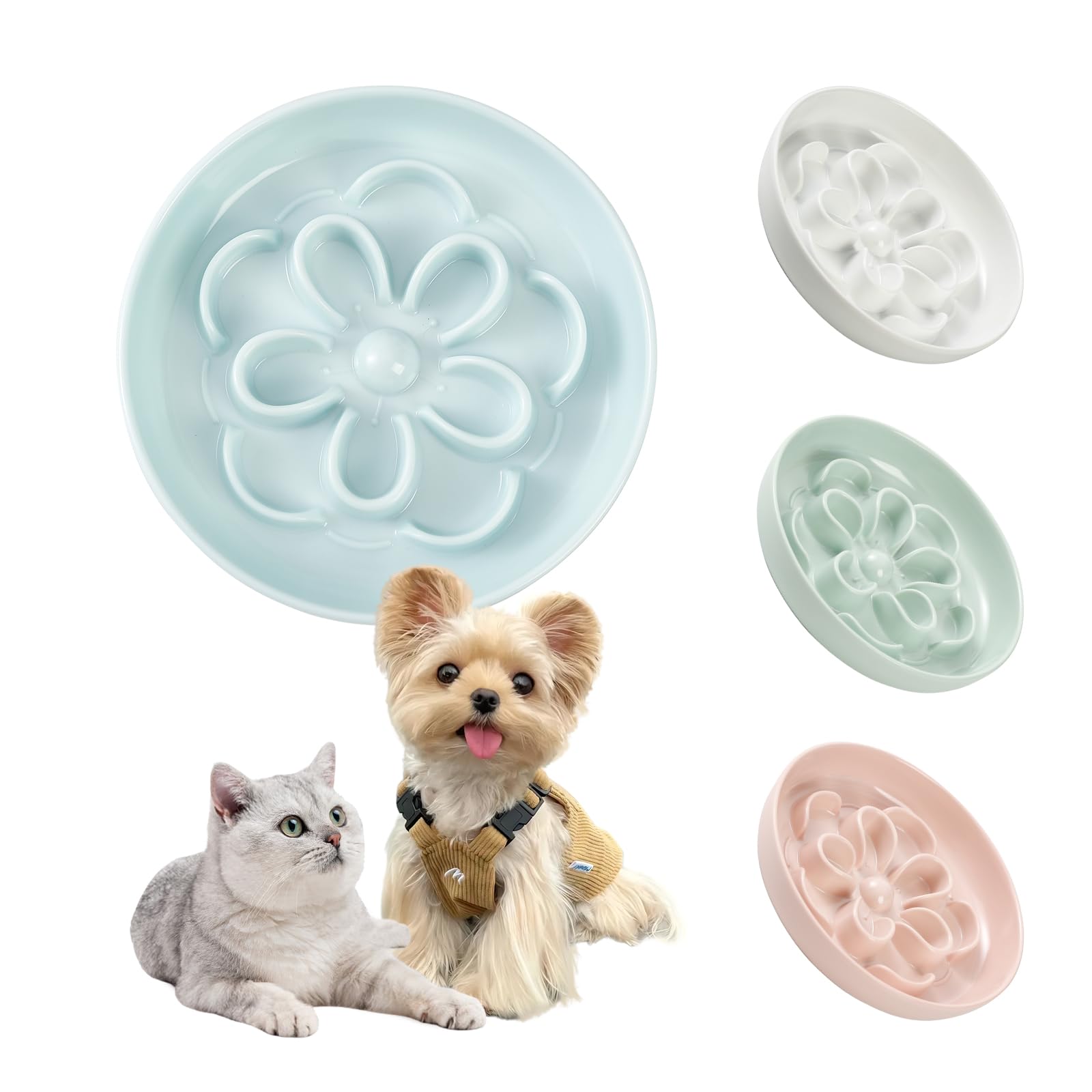 Melamine Cat Slow Feeder Bowl - Floral Maze Cat Food Dish - Flat Plate for Dry & Wet Food - Cute Kitten Bowl - Dishwasher Safe - 6.3'' W x 1'' H - 5.5 oz (160g) - Blue