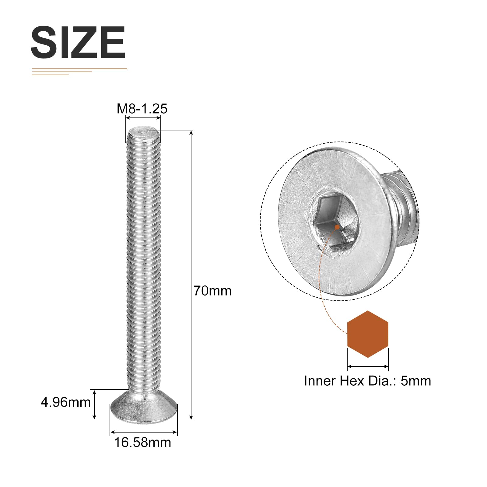 DTGN M8-1.25 x 70mm Flat Head Socket Cap Screws, 10 Pack 304 Stainless Steel Hex Socket Flat Head Screws, Full Thread - Image 2