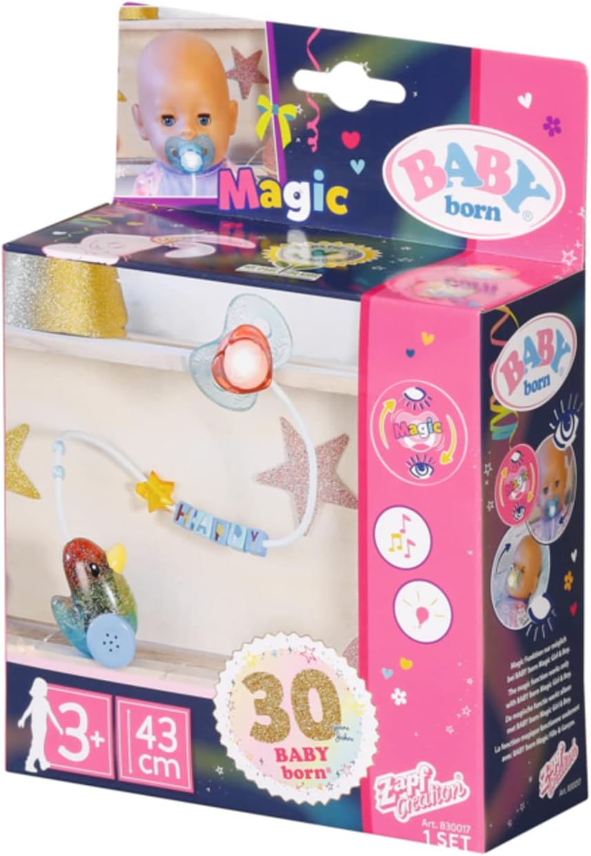 BABY born 830017 Baby Birthday Interactive Magic Dummy 43 cm-for Toddlers 3 Years and Up-Opens and Closes Doll's Eyes Includes Dummy and Colourful Chain