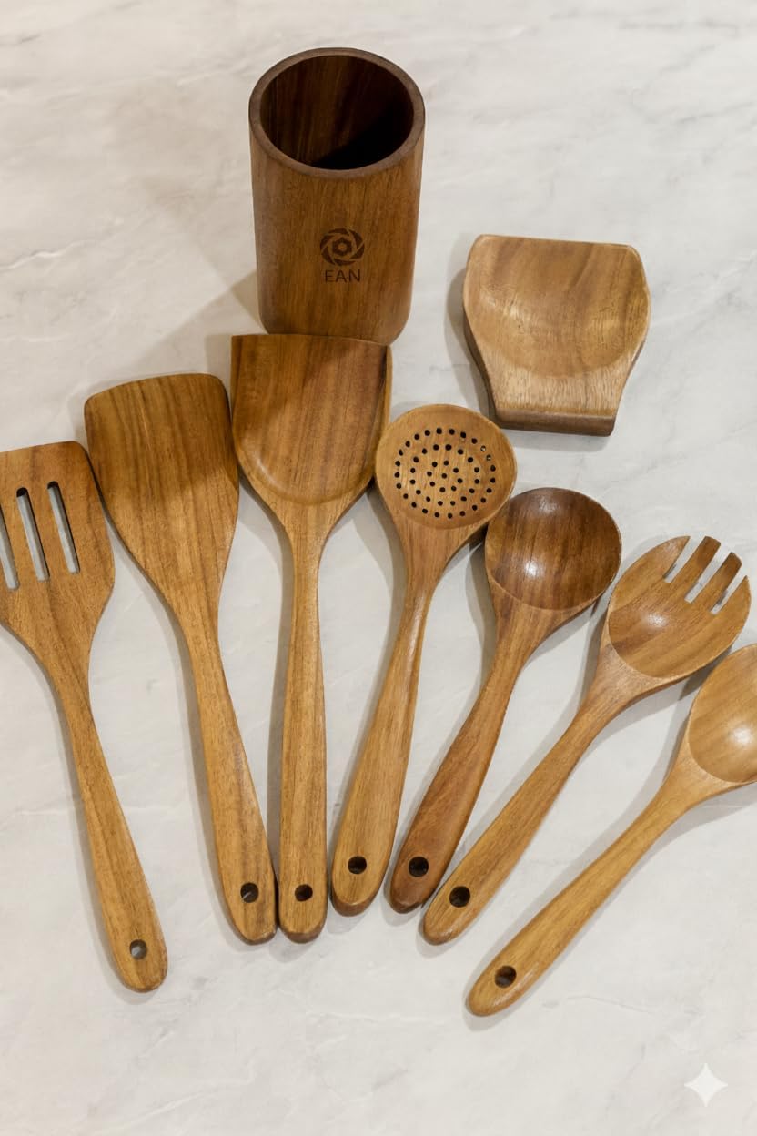 Premium Renewably Sourced Acacia Wood Kitchen Utensil Set – 9-Piece Wooden Cooking Spoon & Spatula Set, Drip Tray & Holder, Non-Scratch for Nonstick Pans, Heat-Resistant, Eco Friendly Gift