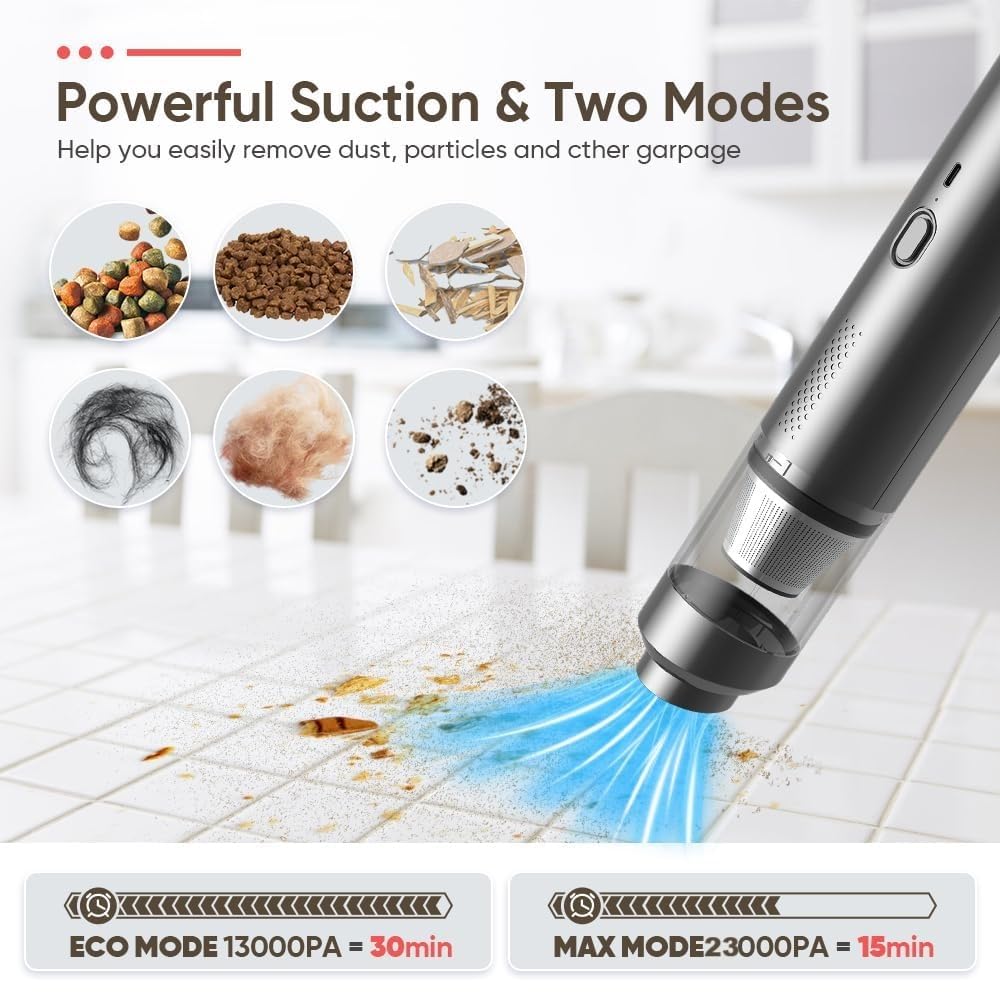 4-en-1 Aspirateur Voiture Puissant sans Fil, 23KPA Mini Aspirateur a Main sans Fil avec Moteur Brushless, 2 Niveaux Réglables, Souffleur Air Comprimé Nettoyage PC