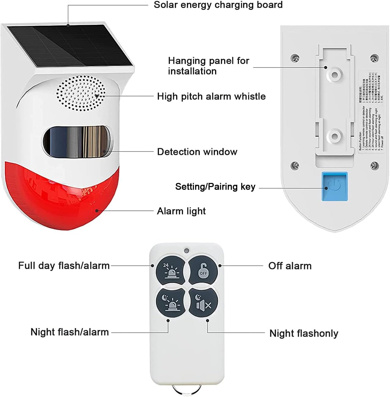 EverNary Solar Strobe Alarm Light with Motion Sensor Siren Outdoor Alarm Siren with Remote Controller 120db Sound Security Siren Light IP65 Waterproof and 4 Modes for Home,Farm,Barn,Villa,Yard