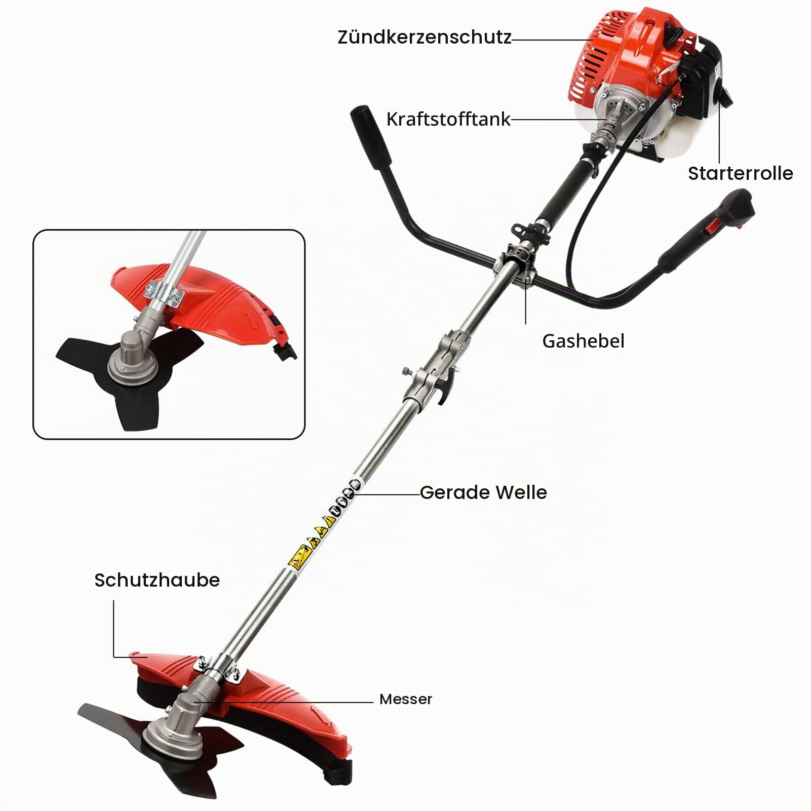 2in1 Benzin Motorsense mit Tragegurt, 52cc 2-Takt Freischneider Benzin mit Antivibrationssystem, 28cm Schnittbreite, Leistungsstark, Rasentrimmer für Garten und Feld 2,2 kW/8500 U/min (Rot)