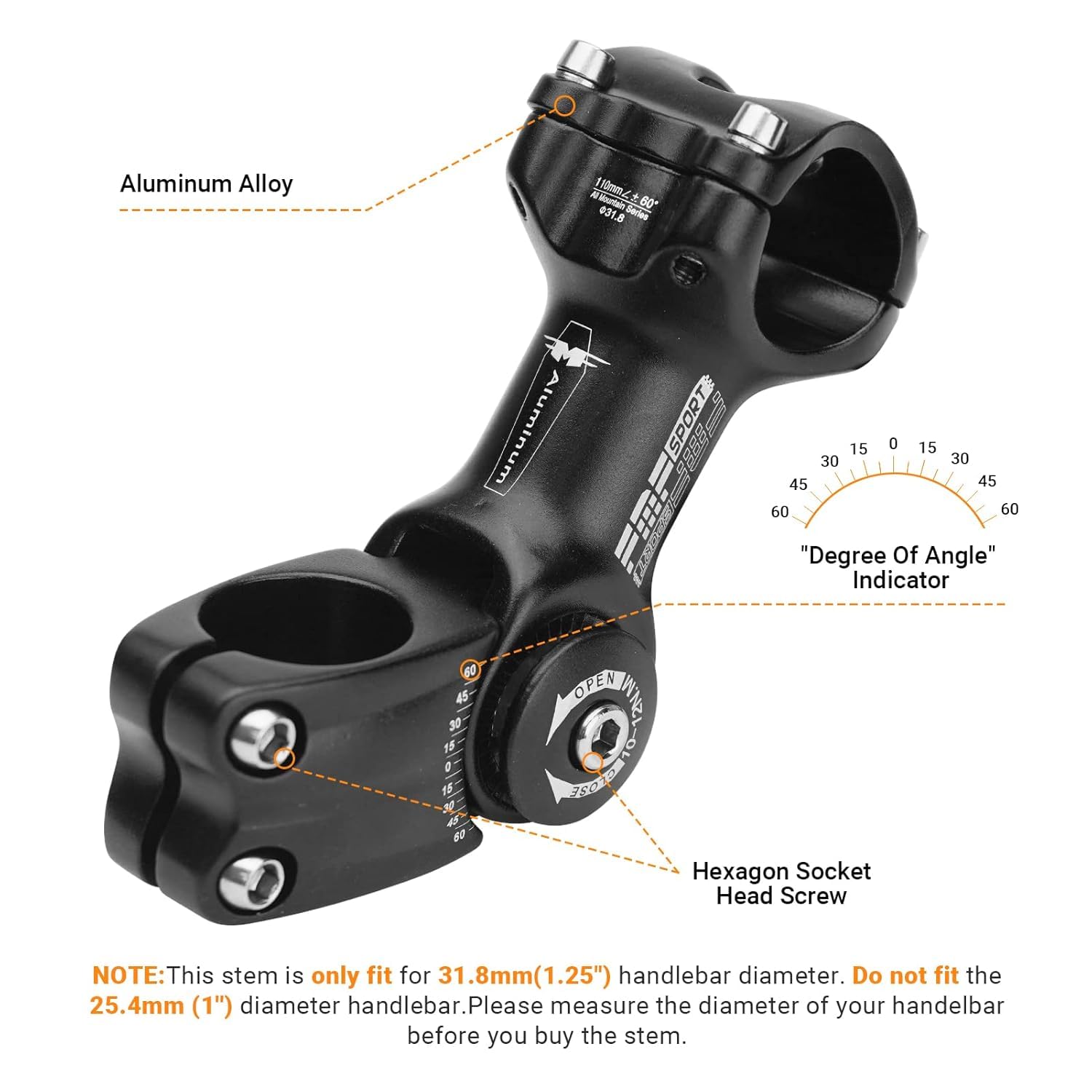 USPOT 31.8mm Bike Stem 110mm ±60 Degree Adjustable MTB Stem Aluminum Alloy Bicycle Handlebar Stem Extender Riser for Most Mountain Bike Road City Bike MTB (Only Fit 1.25"/31.8mm Handlebar) 2