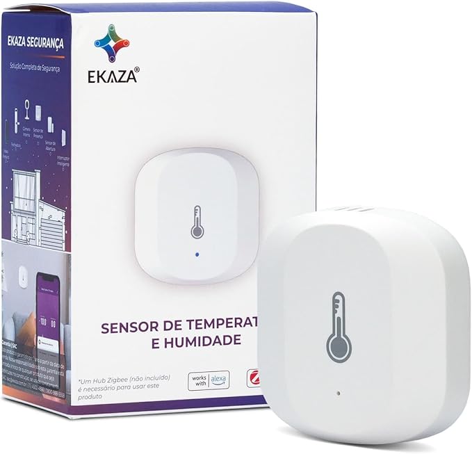 Imagem de um sensor de temperatura e umidade inteligente EKAZA Zigbee 3.0, de cor branca, com design compacto e minimalista, exibindo um ícone de termômetro na parte frontal.
