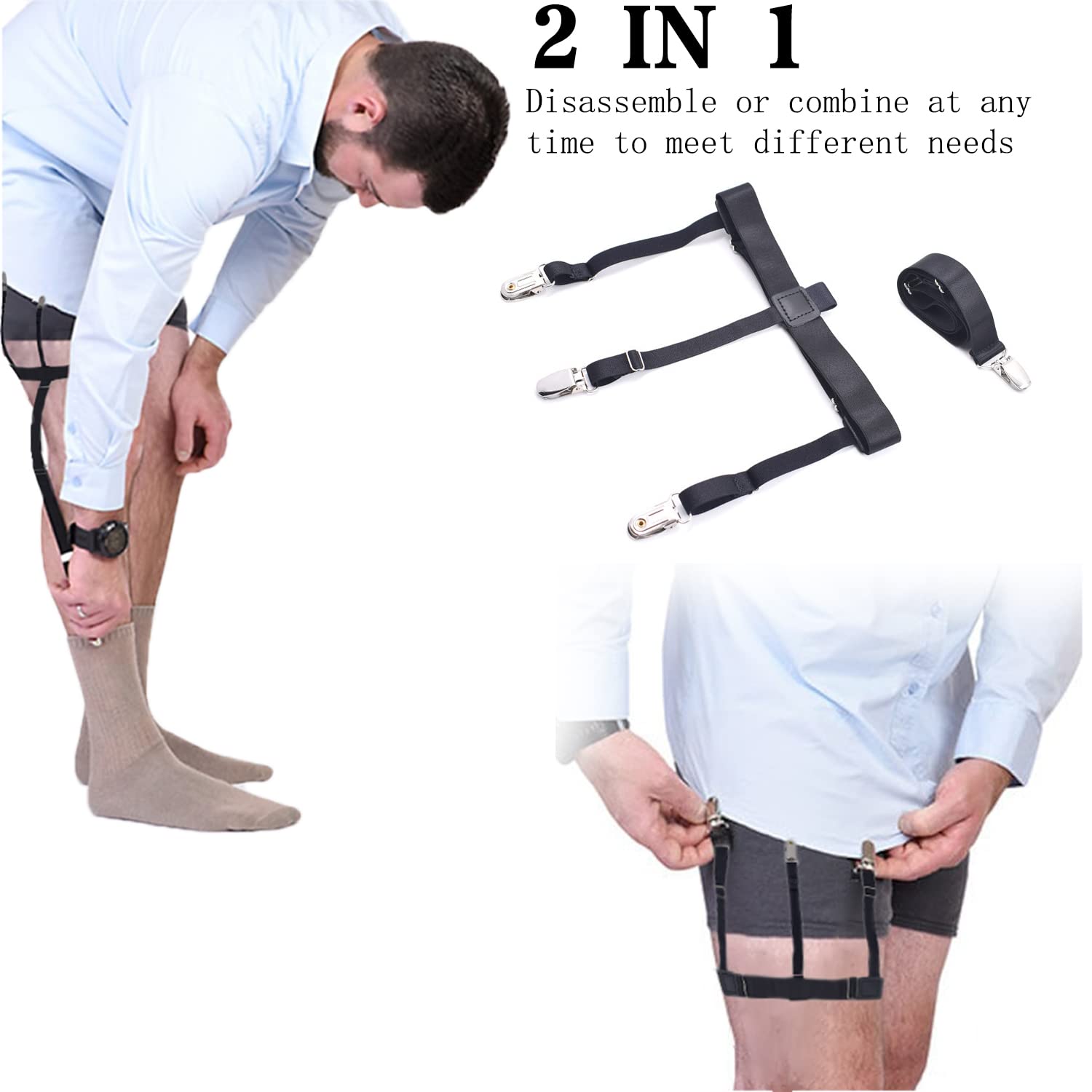 vibebli 2 in 1 Shirt Stays for Men - Detachable Triple Grip Shirt Stays with Sock Garters Suspenders for Men, Adjustable Elastic Thigh Garter with Clips, Keep Shirt Tucked in, for Men's Dress