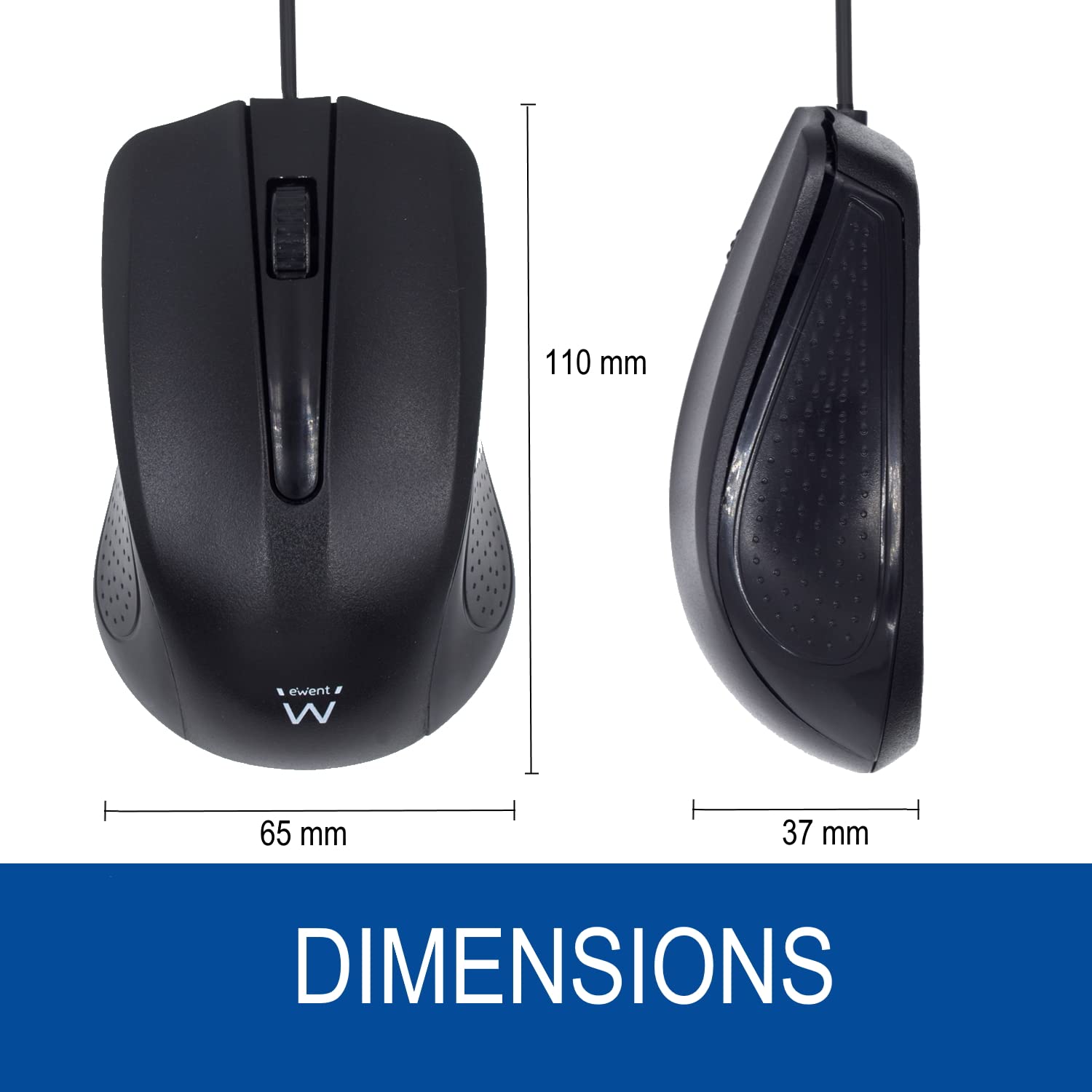 Ewent EW3300 - Mouse ottico con cavo USB a 3 pulsanti, 1000 DPI, design ergonomico, ambidestro, PC/Mac / ‎Laptop/Chromebook - ‎Nero (Confezione da 5)