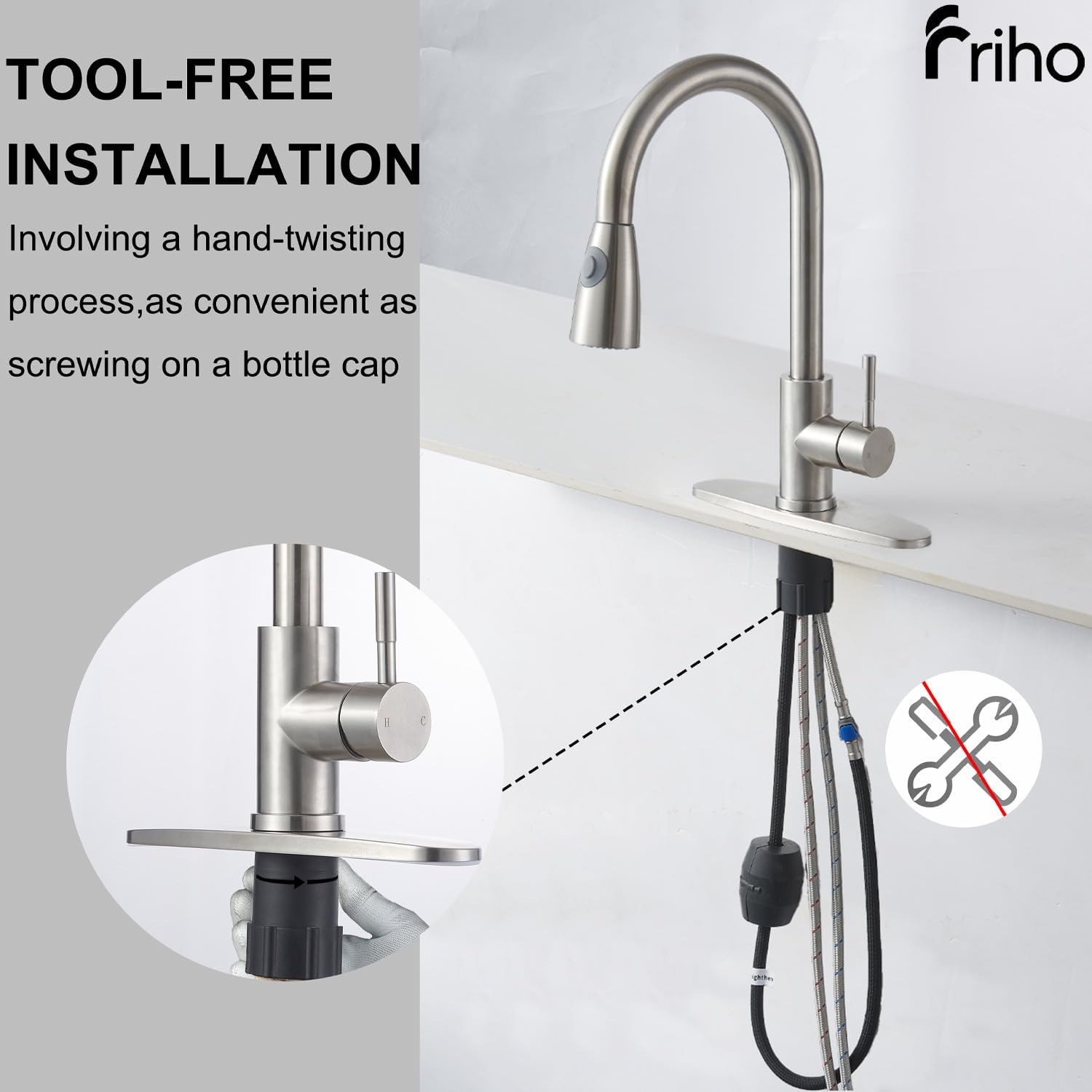 Friho Kitchen Faucet with Pull Down Sprayer Brushed Nickel, High Arc Single Handle Stainless Steel Kitchen Sink Faucets, 1 or 3 Hole Sink Faucet for Farmhouse Rv Bar Laundry Camper, FR2CBQYT001L-D
