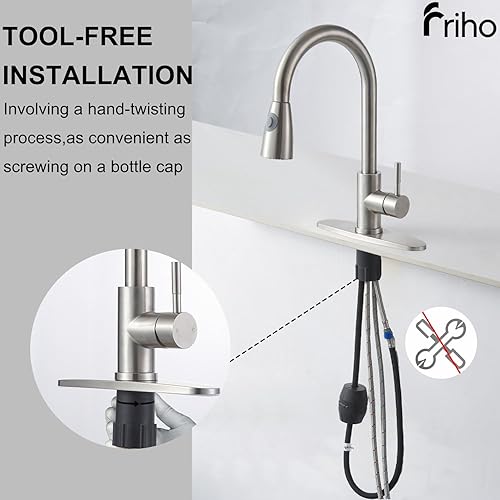 Miniatura 6 de Friho Grifo de cocina moderno de un solo orificio con 1 mango rociador extraíble de níquel cepillado, manguera extraíble de acero inoxidable, grifo