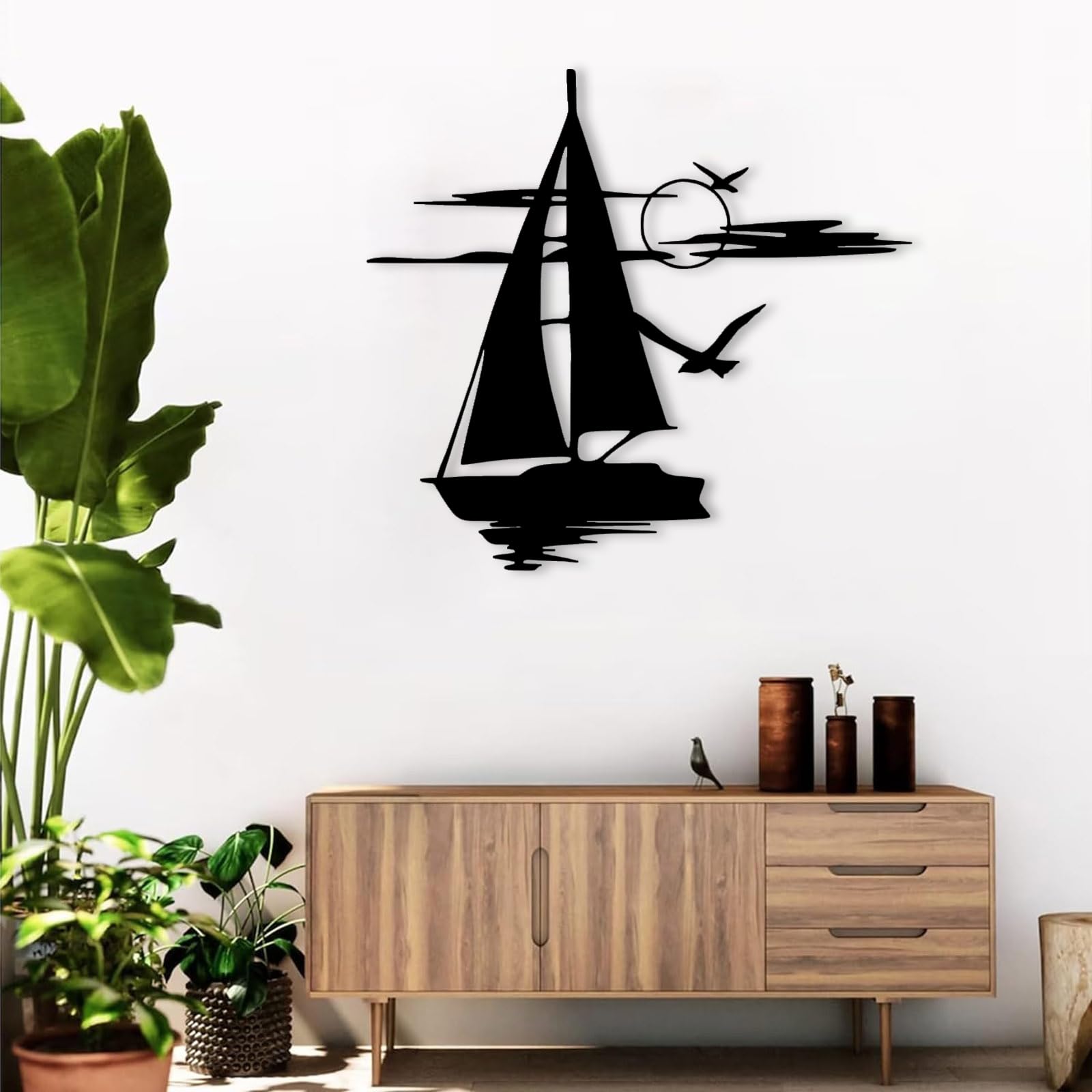 Idadey Sailboat Metal Wall Art, Nautical Wall Decor, Seagull Wall Decor, Modern Style Home Decor, Black, 24"x22"