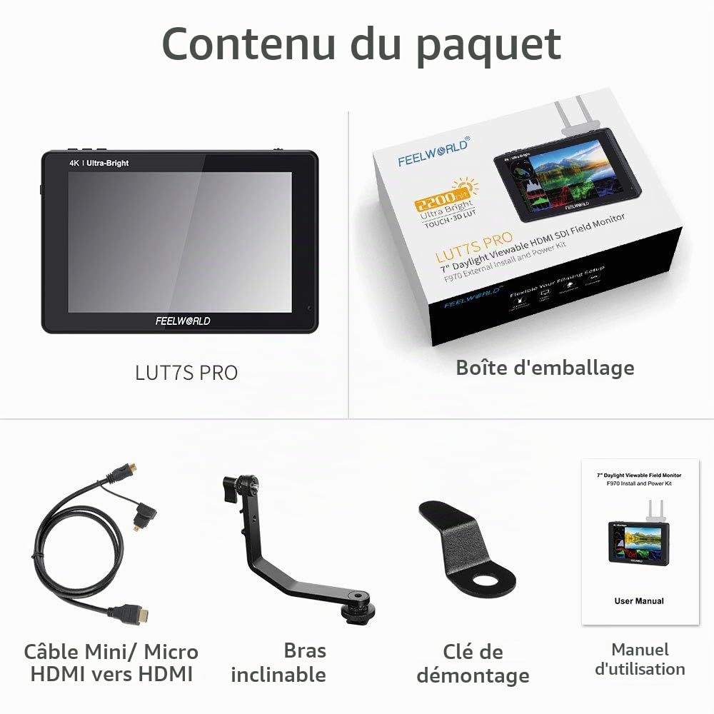FEELWORLD LUT7S Pro 7 Pouces Ultra Bright 2200nits DSLR Camera Field Monitor 3D LUT Ecran Tactile HDR avec Waveform F970 Alimentation Externe et kit d'installation 4K HDMI 3G-SDI 1920X1200 IPS Panel