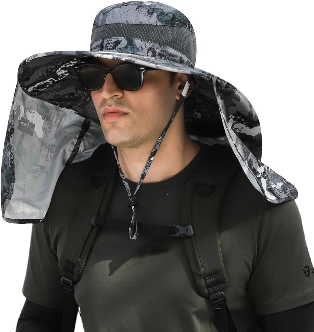 HUAMULAN Men Summer Sun Hat Women Safari Wide Brim Fishing Hats UV Protection Neck Flap Bucket Gardening Hiking Hunting Cap