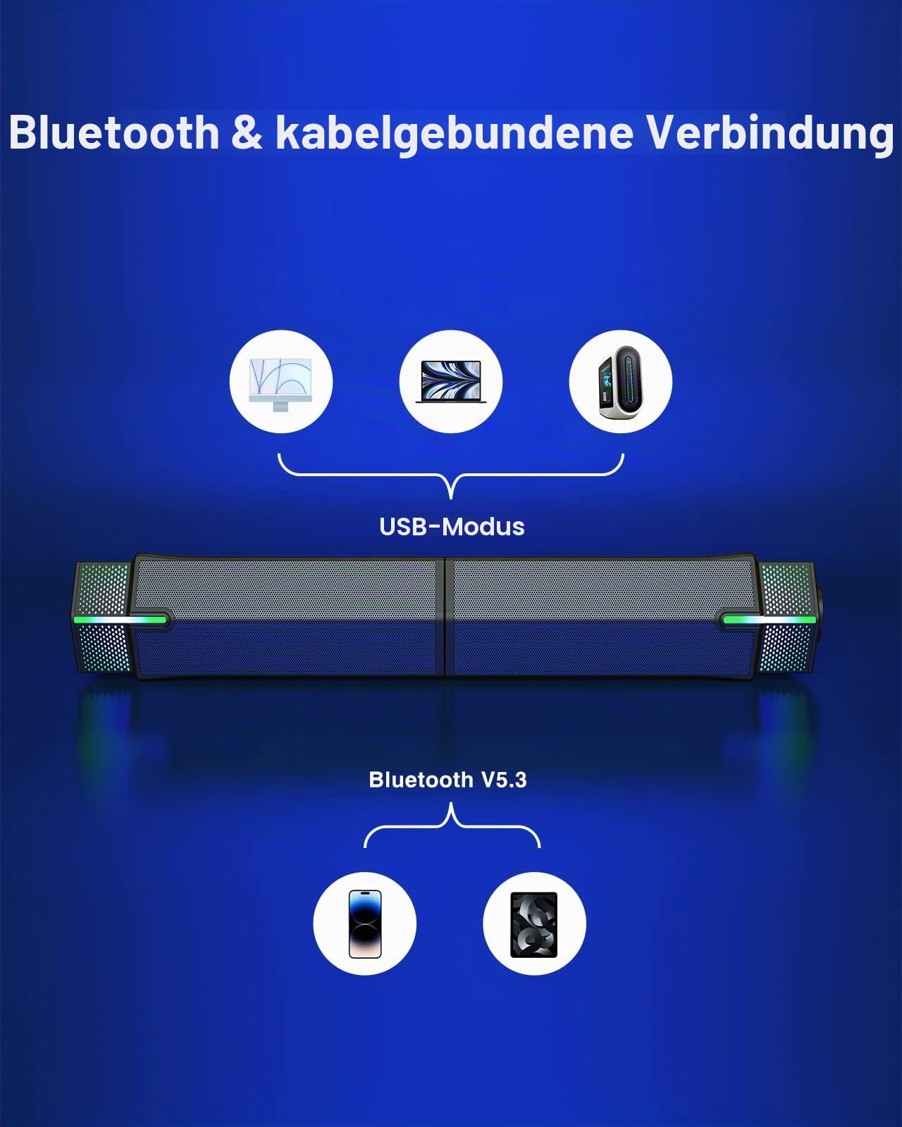 Jeecoo M20 Bluetooth-Computer-Lautsprecher für PC-Desktop-Monitor, Gaming-PC-Soundbar, kabelgebunden, USB-betrieben, hervorragender Stereo-Sound, mit Farbverlauf, RGB-Beleuchtung, kombinieren/trennen