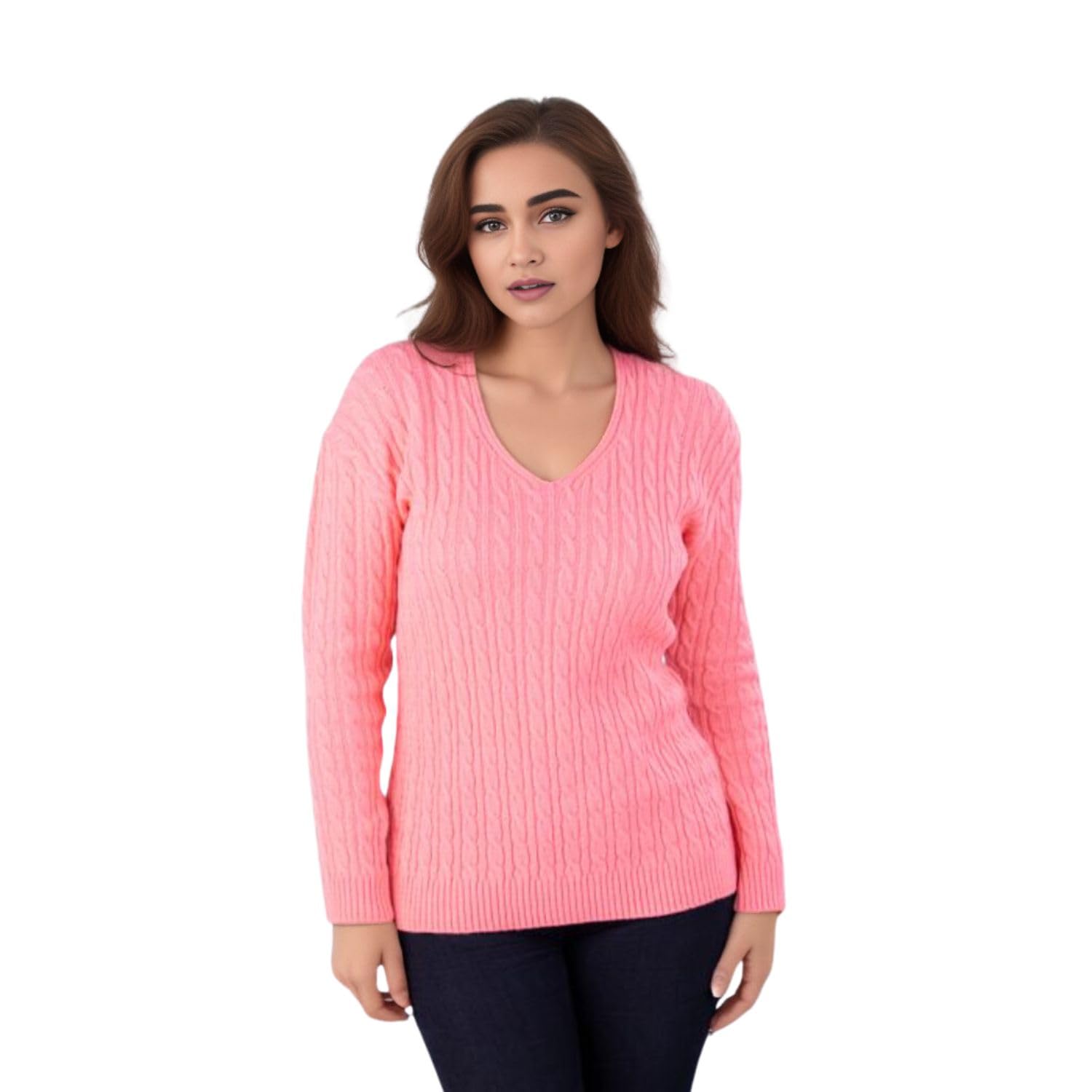 WearAll Women's Plus Cable Knitted Long Sleeve V-Neck Sweater Top Ladies Stretch Jumper - Coral - 12-14