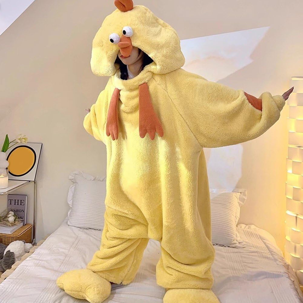Pigiama Intero per Adulti, Pigiama Intero con Pulcino Giallo, Pigiama di Coppia Corallo, Pigiama con Animali Divertenti per l'Abbigliamento Invernale Casa