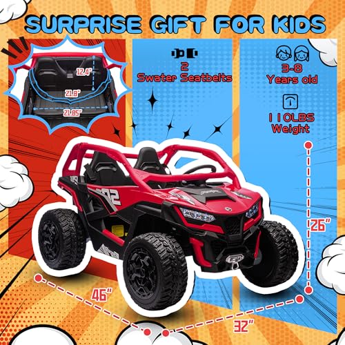 wanan XL 24V Ride on Toys for Big Kids 10AH Real Spacious 2-Seater, 4 x75W Motor 5MPH Ride on Car Kid UTV for Kids 3-8, EVA Tire, Remote Control, Bluetooth Music, 4 Spring Suspension (Red) - Thumbnail 2