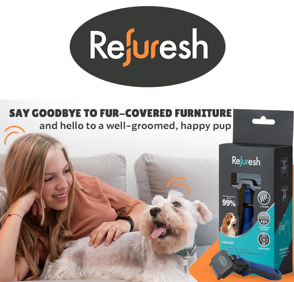 Refuresh Deshedding Dog Brush for Long Hair (Medium,Blue) – Gentle Deshedding tool for Dogs & Cats – Reduces shedding, without damaging topcoat. Removes Loose Fur & Dead Undercoat.