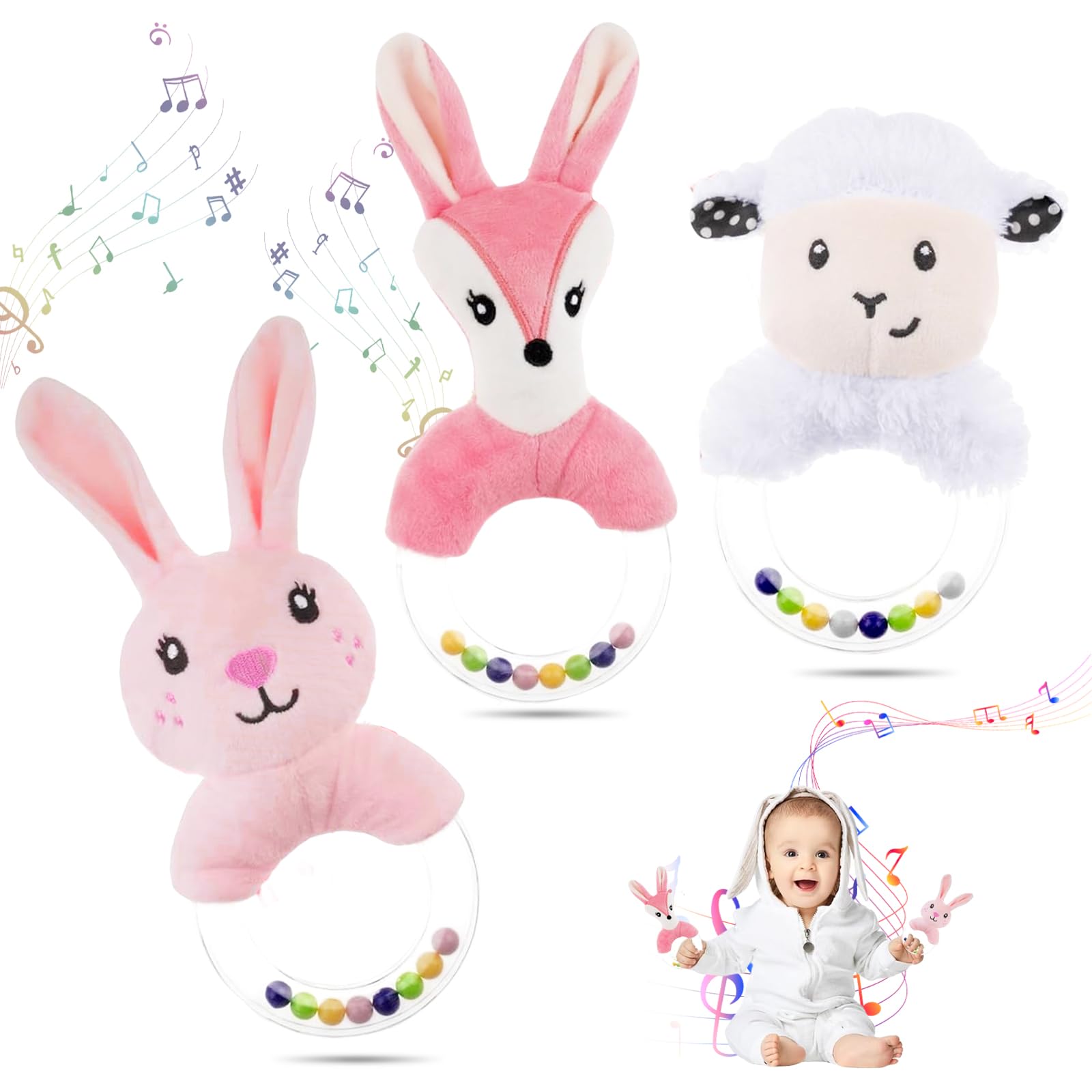 HAGOT 3PCS Baby Soft Rattle Sensory Toys, Baby Rattle Toys 0-12 Months, Newborn Baby Rattle, Teething Ring Plush Toy for Infant Toddler Baby Boys Girls Gift