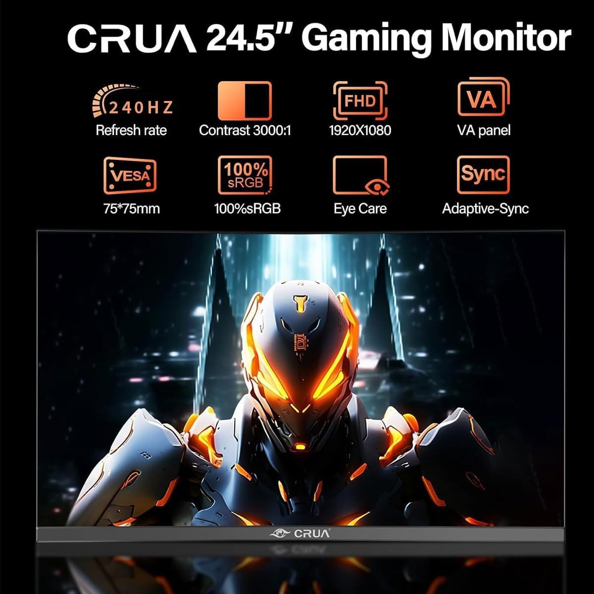 CRUA Moniteur de Jeu 24.5 Pouces FHD (1920 x 1080), Incurvé Écran PC, 240 Hz, 1 ms (MPRT), Adaptive Sync, 120% sRGB,Technologie Eye Care Plus, lumière Bleue, Flicker Free,VESA,DP, HDMI,Noir