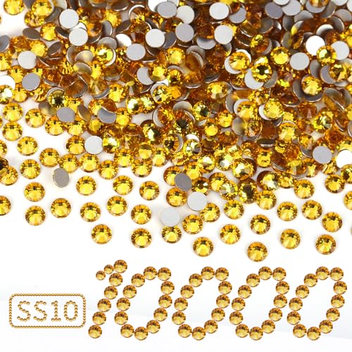 Image of 10000PCS Gold Yellow Rhinestones Bulk, Flat Back Crystal Glass Stone Round Gems,SS10, 2.7-2.9mm