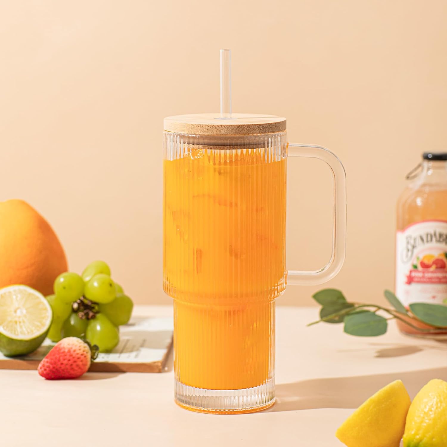 24oz Ribbed Glass Tumbler with Handle and Bamboo Lid, Set of 2 Glass Cups with Lids and Straws for Coffee, Tea, Juice and Smoothies, Reusable Iced Coffee Cups Includes 2 Sealed Plastic Lids - Image 8