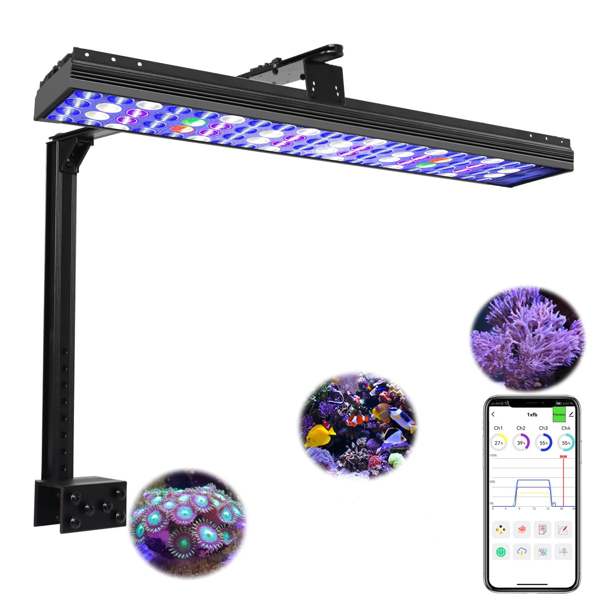 PopBloom H54 Aquarium LED Reef Light 60W, Dimmable Full Spectrum Marine LED Light for 60-80CM 24-30Inch Saltwater Coral Fish Tanks