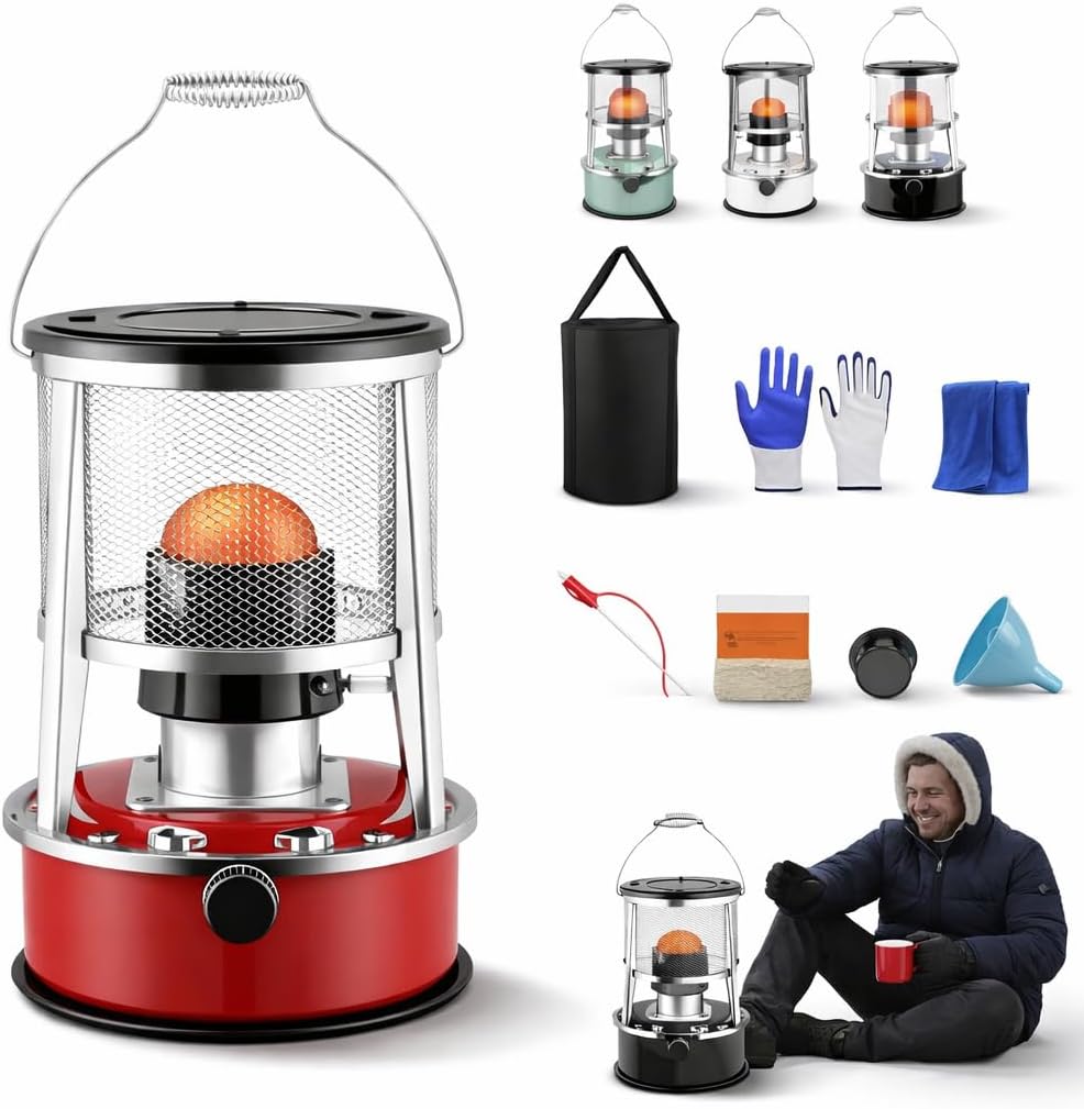 Indoor Kerosene Heater 9000 BTU, Non Electric Heaters for Indoor Use, Portable Radiant Kerosene Heater Indoor for Power Outage, Camping, Garage (Red-Cannot be raised or lowered)