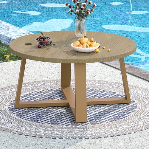 COMLAX FIELD Outdoor Round Coffee Table with 35.5” Woodgrain Finish Table Top, Metal Modern Side Table 125lbs for Backyard Porch Balcony Living Room, Brown