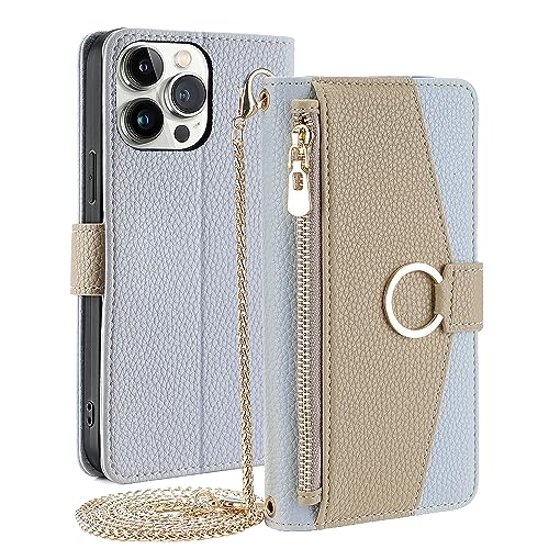 Arseaiy Wallet Case for Motorola Moto G4 Plus/G4 Flip Phone Case Cover with Crossbody Strap Magnetic Zipper Pocket Makeup Mirror PU Leather Shockproof with Kickstand Shell Blue