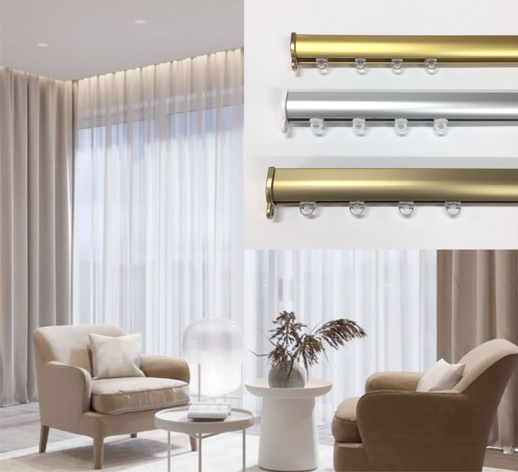 GLOBALCORPORATION bastone tenda in alluminio argento oro bronzo binario per Tende a soffitto profilo con kit completo acciaio riloga zineffa scorritenda decorativi guida arricciata (100 cm, Oro)
