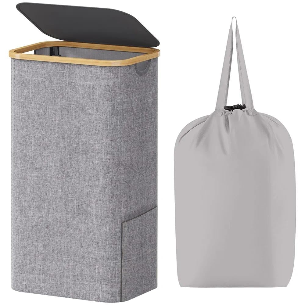 Pan Peer 100L Laundry Basket with Lid and Pocket Dirty Clothes Bin with Bamboo Handles and A Removable Laundry Bag Large Portable Laundry Hamper for Bedroom, Bathroom, Laundry Room (Grey)