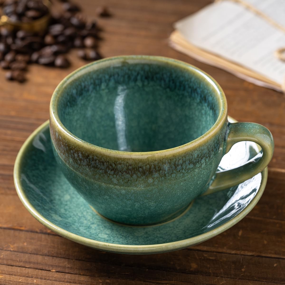 Porcelain Coffee Cup with Saucer Spoon, Vintage Design Ceramic Latte Art Cappuccino Barista Espresso Tea Cup with Saucer (11.6 oz, 350ml, Crystal Green)