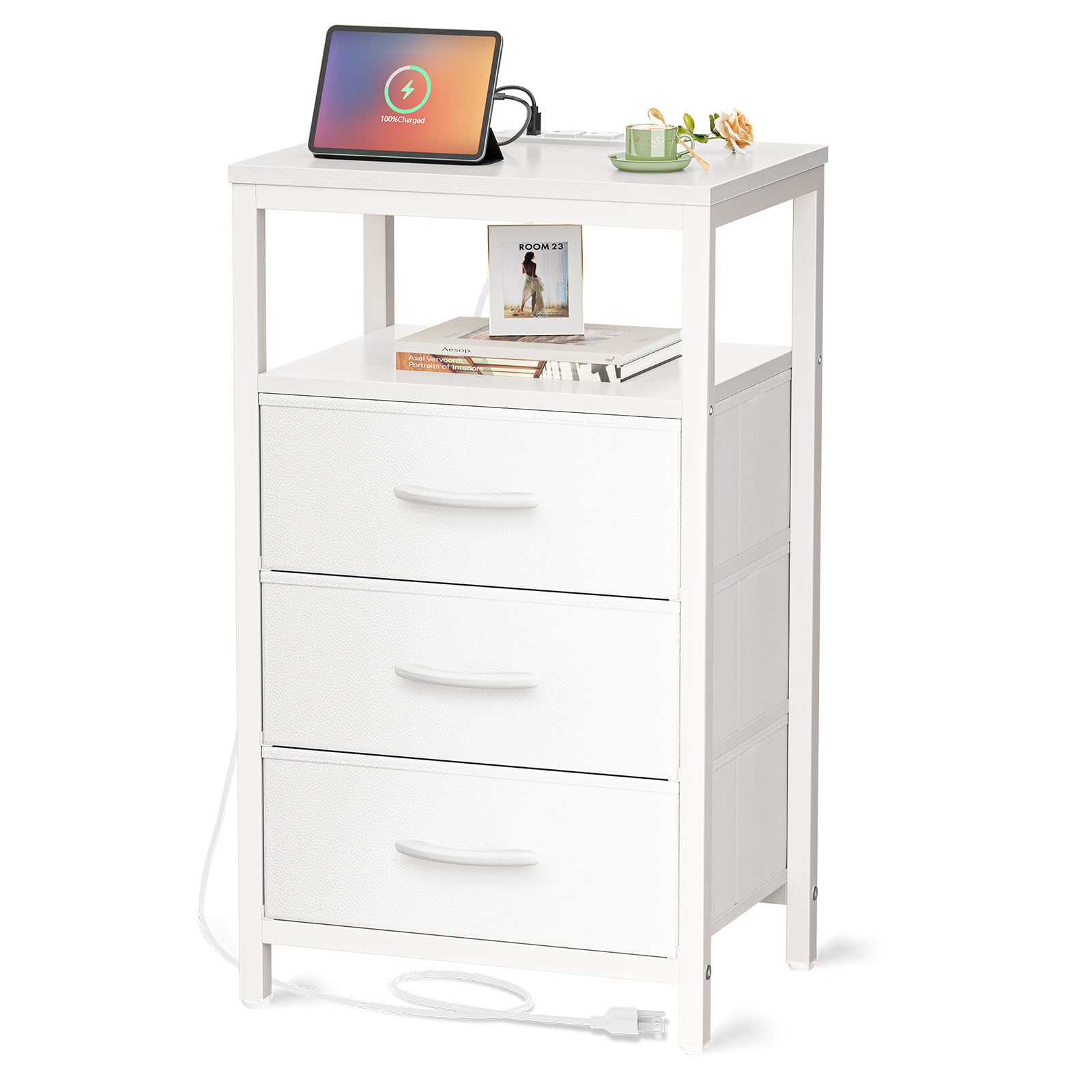Huuger Nightstand with Charging Station, 27.6 Inch Side Table with Fabric Drawers, End Table Bedside Table with USB Ports and Outlets, Night Stand for Bedroom, White