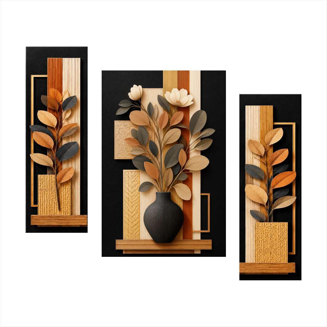 Modern Botanical Wooden Wall Art Set of 3 Panels | Laminated MDF Wall Painting with Floral Vase Design | Decorative Wall Hanging for Living Room, Bedroom, Hall, Office & Home Décor (26 x 18 Inch)-image-1