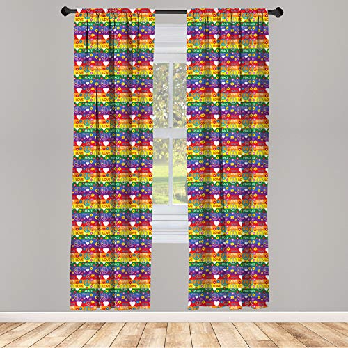 Ambesonne Groovy Curtains, Heart Peace Flower Power Political Hippie Cheerful Colors Festival Joyful, Window Treatments 2 Panel Set For Living Room Bedroom, Pair Of - 28" X 84", Rainbow Colors #TOP1