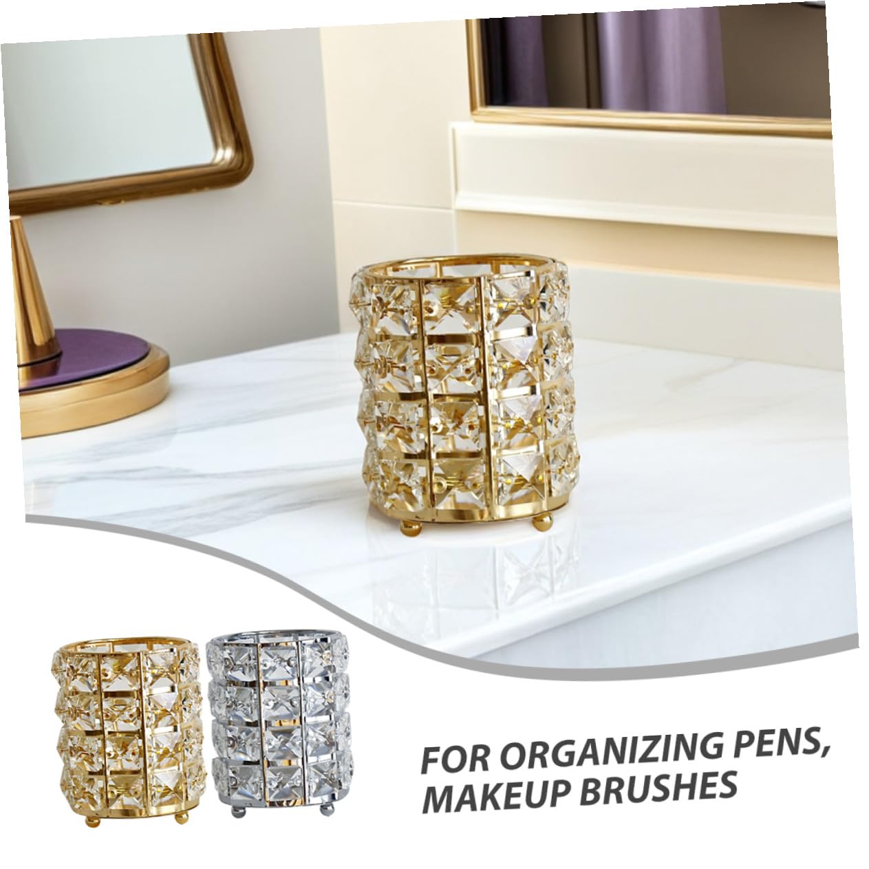 Baluue 2 pezzi Portapenne in Vetro Cristallo per Scrivania e Trucco Organizer Trasparente per Pennelli Cosmetici e Penne Design Europeo Elegante per Ufficio e Vanity
