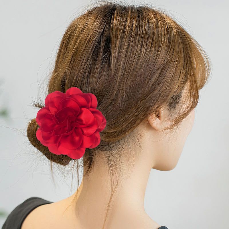Image of Dainty Fabric Rose & Camellia Flower Oversized Brooch Pins & Hair Clip - Large Lapel Pin, 4.3in /7.5in