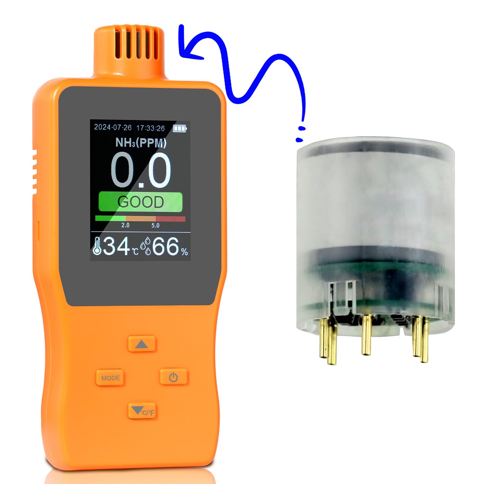 Detector de Gas de Amoníaco Portátil 0~100 PPM Probador Gas ³ - Monitor Temperatura y Humedad para Cámara Frigorífica - Diseño Portátil