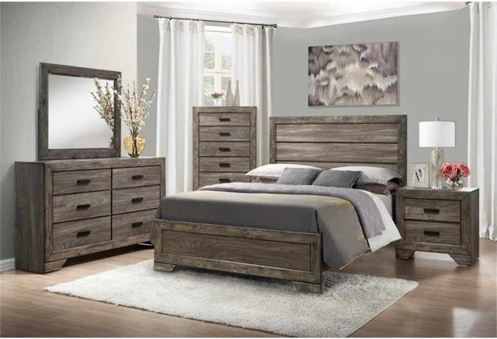 BOWERY HILL Solid Wood 4-Piece King Panel Bedroom Set, Wire Brush Gray Finish, Includes Bed, Dresser with Mirror and Nightstand, Rustic Chic Style, Felt-Lined Drawers, Dust Proofing, King Size