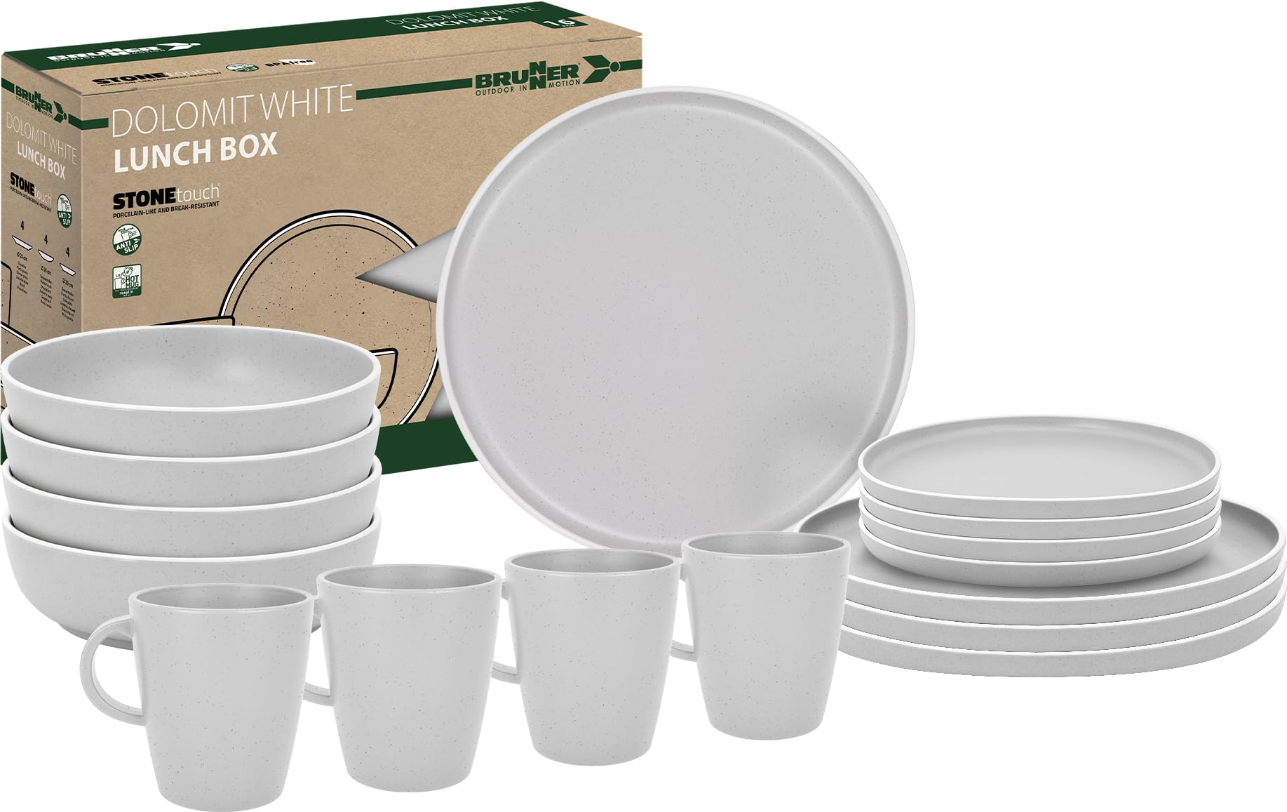 BRUNNER Melamin Geschirr Set Lunch Box Dolomit Stone Touch Camping Teller 16tlg Weiß