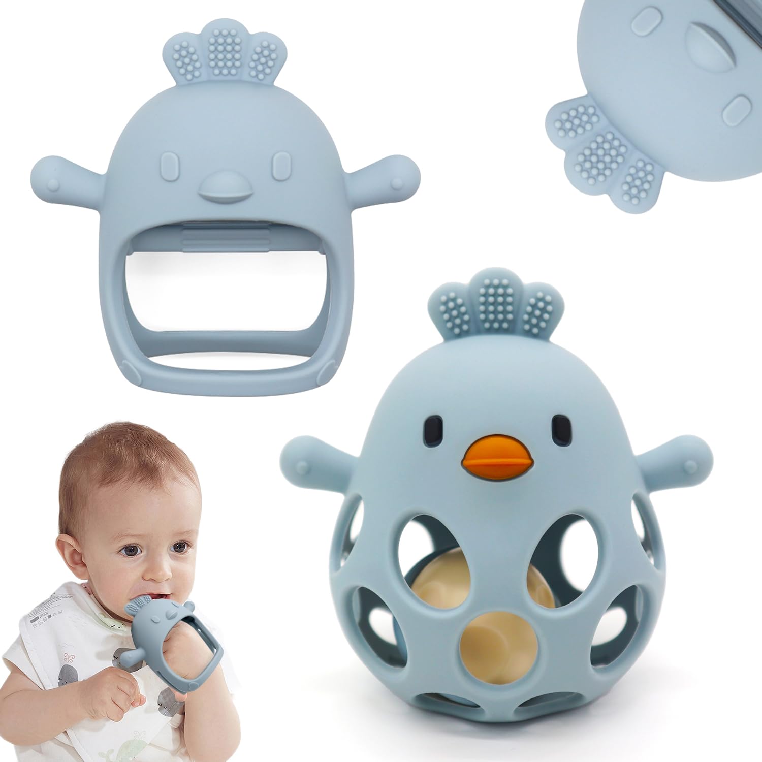 Baby Teething Toys & Easy Grasp Rattle Toy 2 Pack, Bell Toys Toddler Sensory Teether Toys for Babies 0-12 Months (Blue)