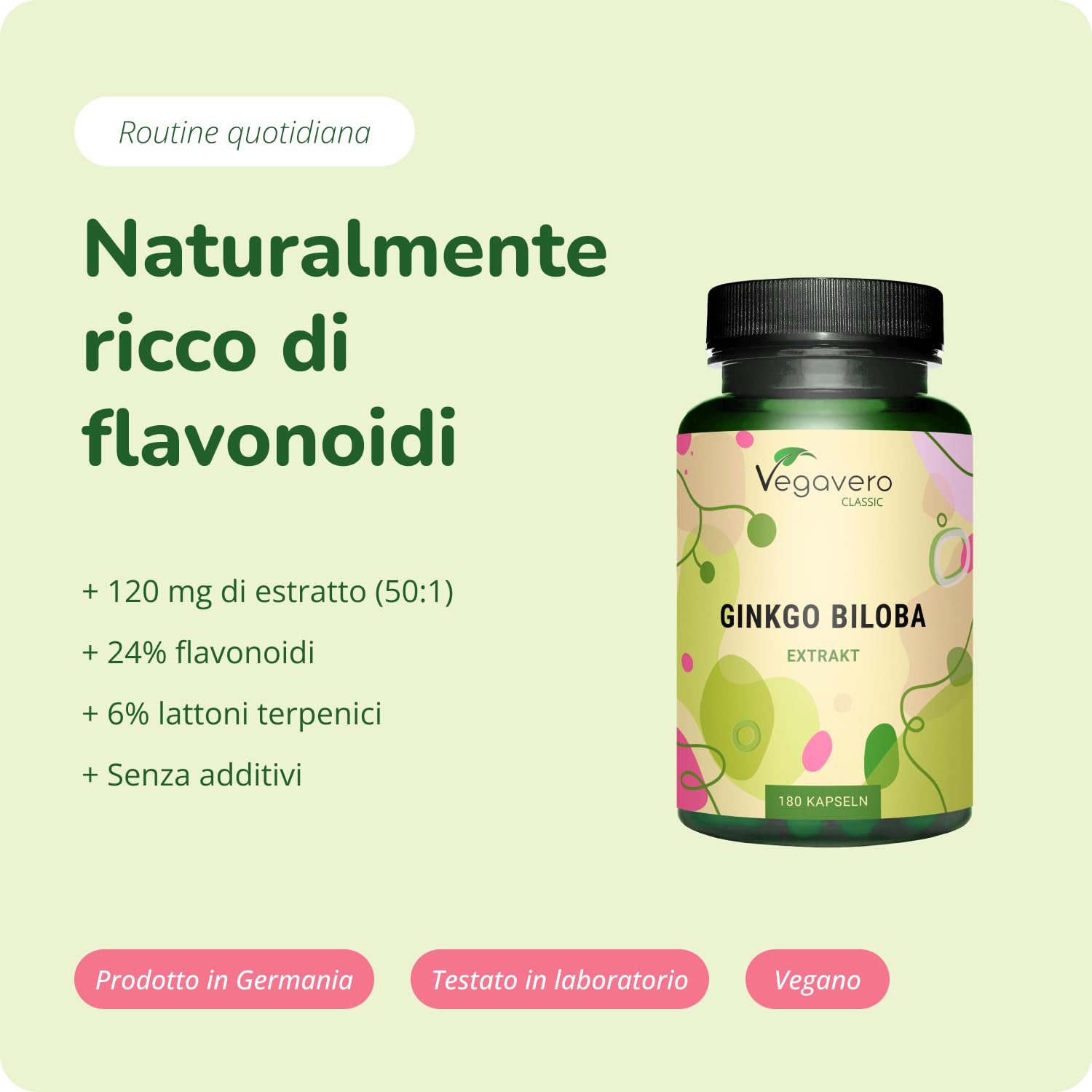 GINKGO BILOBA Vegavero® | estratto 50:1 | 24% di Glucosidi Flavonoidi e 6% di Terpenoidi | Circolazione, Memoria & Concentrazione | Senza Additivi | 180 capsule | Vegan