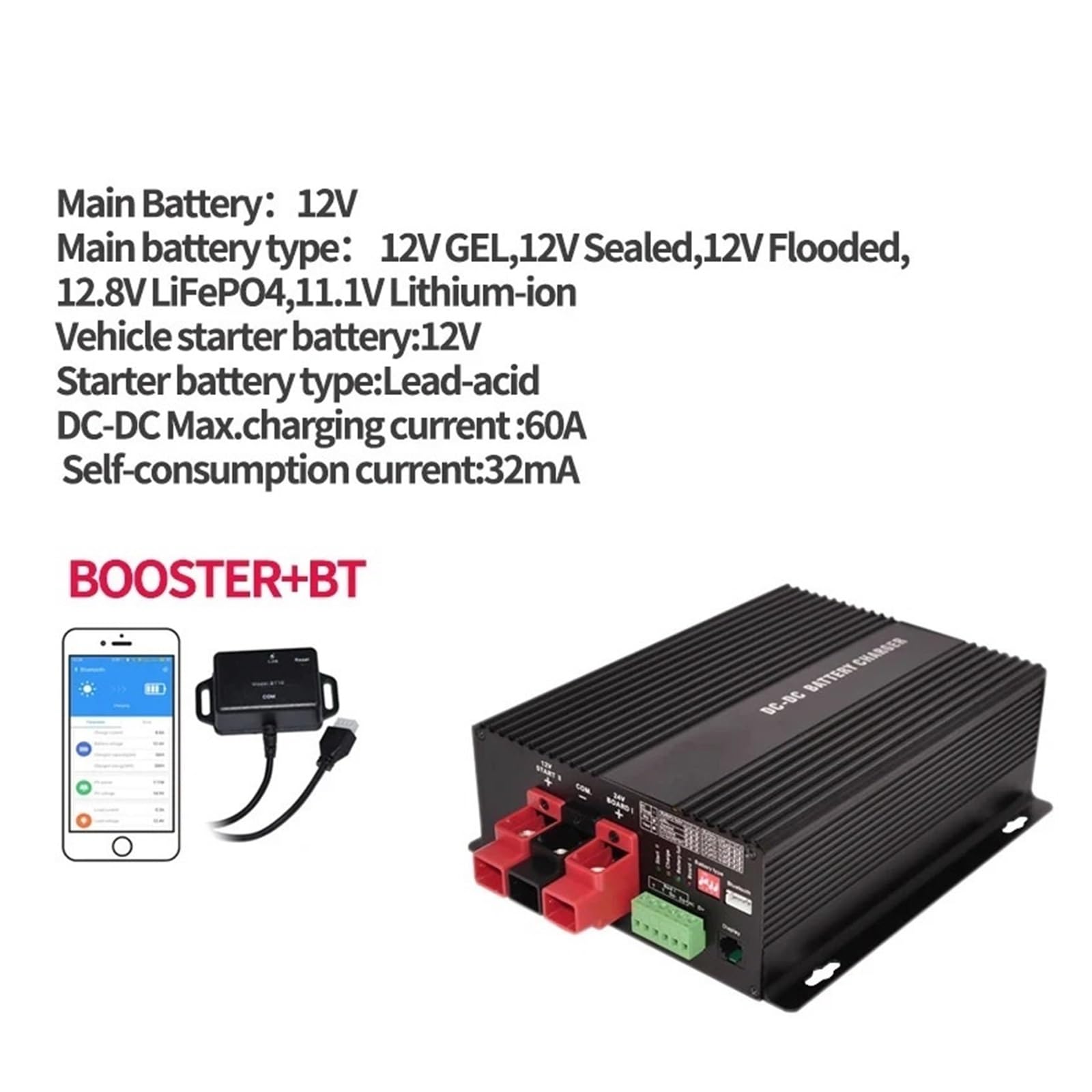 Regolatore di carica solare, Caricabatterie DC Intelligente 12V 60A 30A Con Supporto Booster Bluetooth App Batteria Al Litio Ricarica Completamente Automatica(12V 60A)
