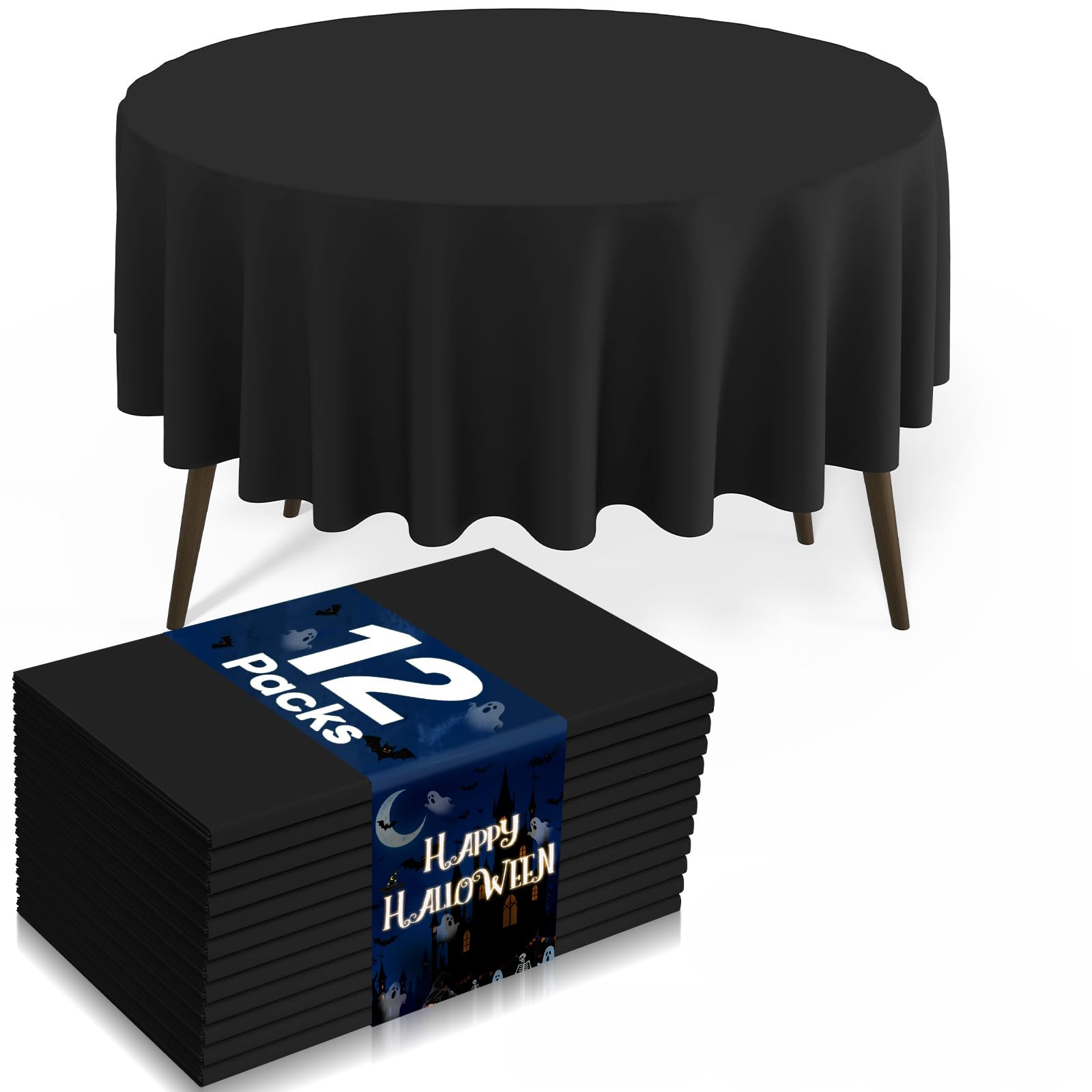 misaya 12 Packs Disposable Plastic Table Cloth, 84" Round Waterproof Tablecloth, Leakproof &amp; Sturdy Decorative Table Covers for Picnic, Party, Outdoor and Halloween, Black