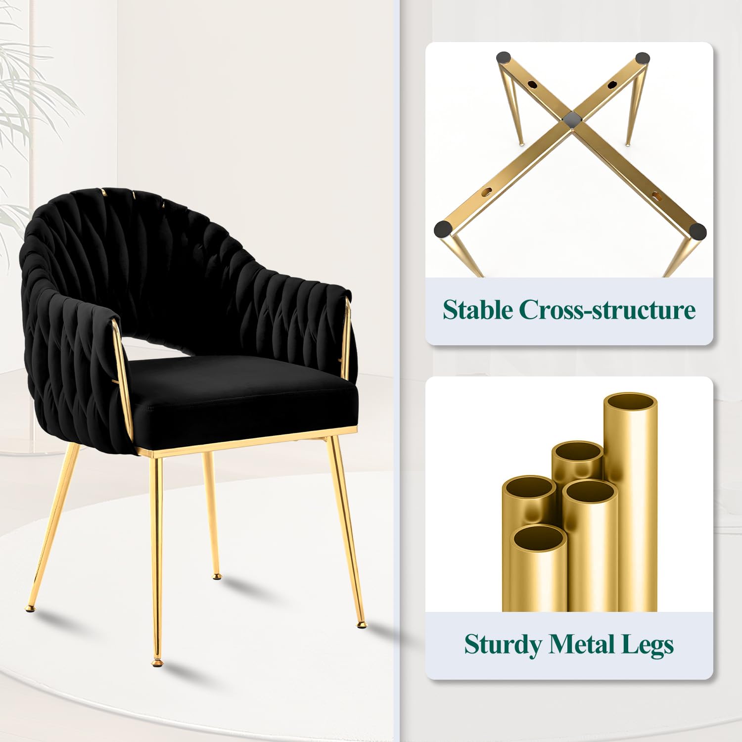 Set di 8 Sedie da Pranzo in Velluto - Sedie Cucina Moderne Imbottite - Poltrone Scandinave da Lettura con Braccioli e Schienale - Oro e Nero